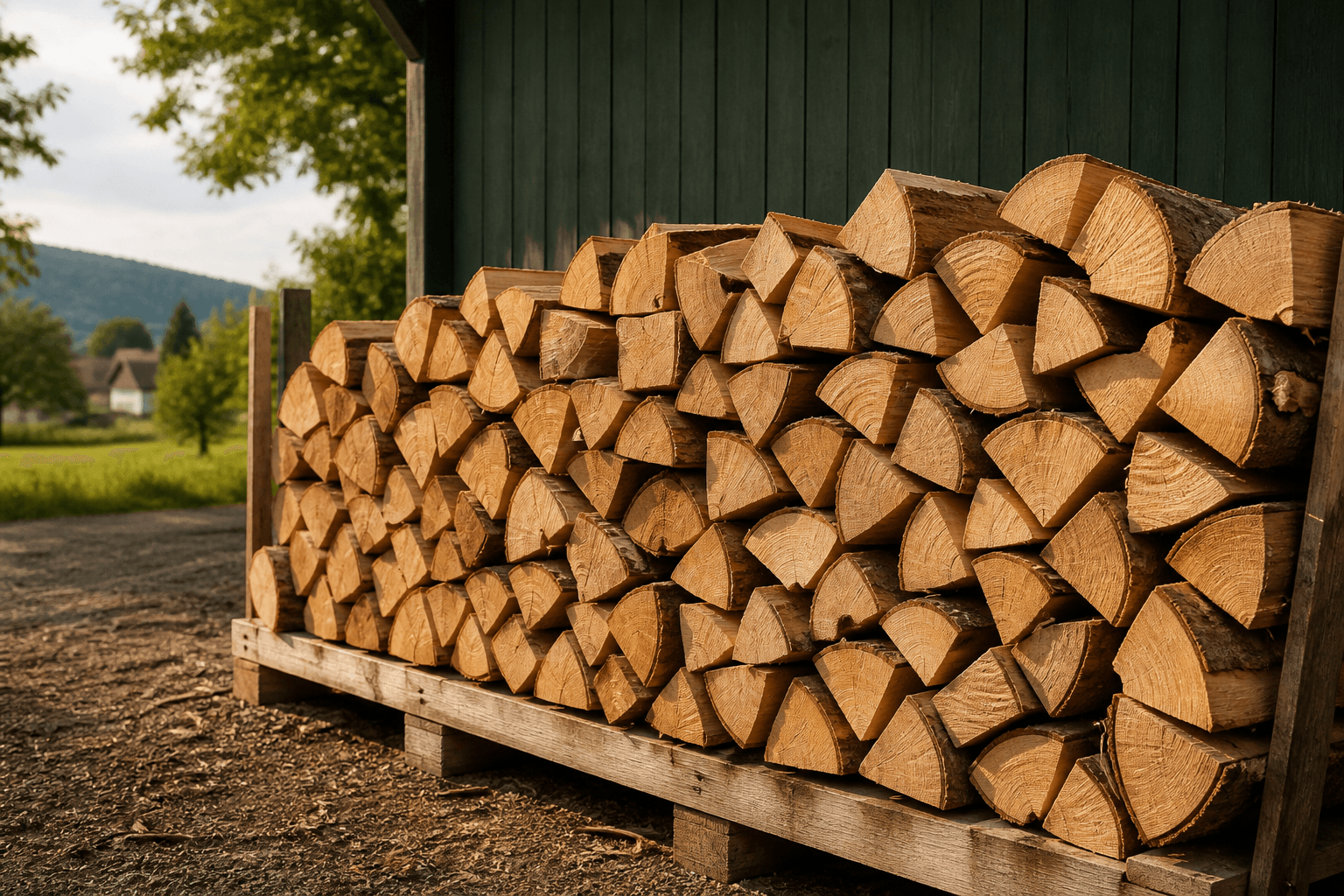 Sauber gestapeltes Buchenbrennholz auf einem regionalen Holzhof