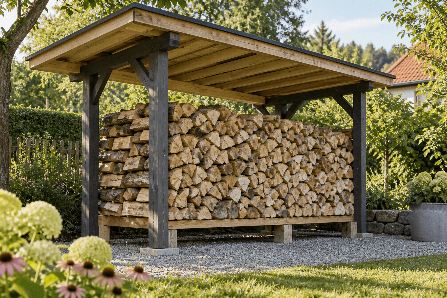 Überdachter, seitlich offener Holzstapel auf erhöhten Querhölzern im Garten